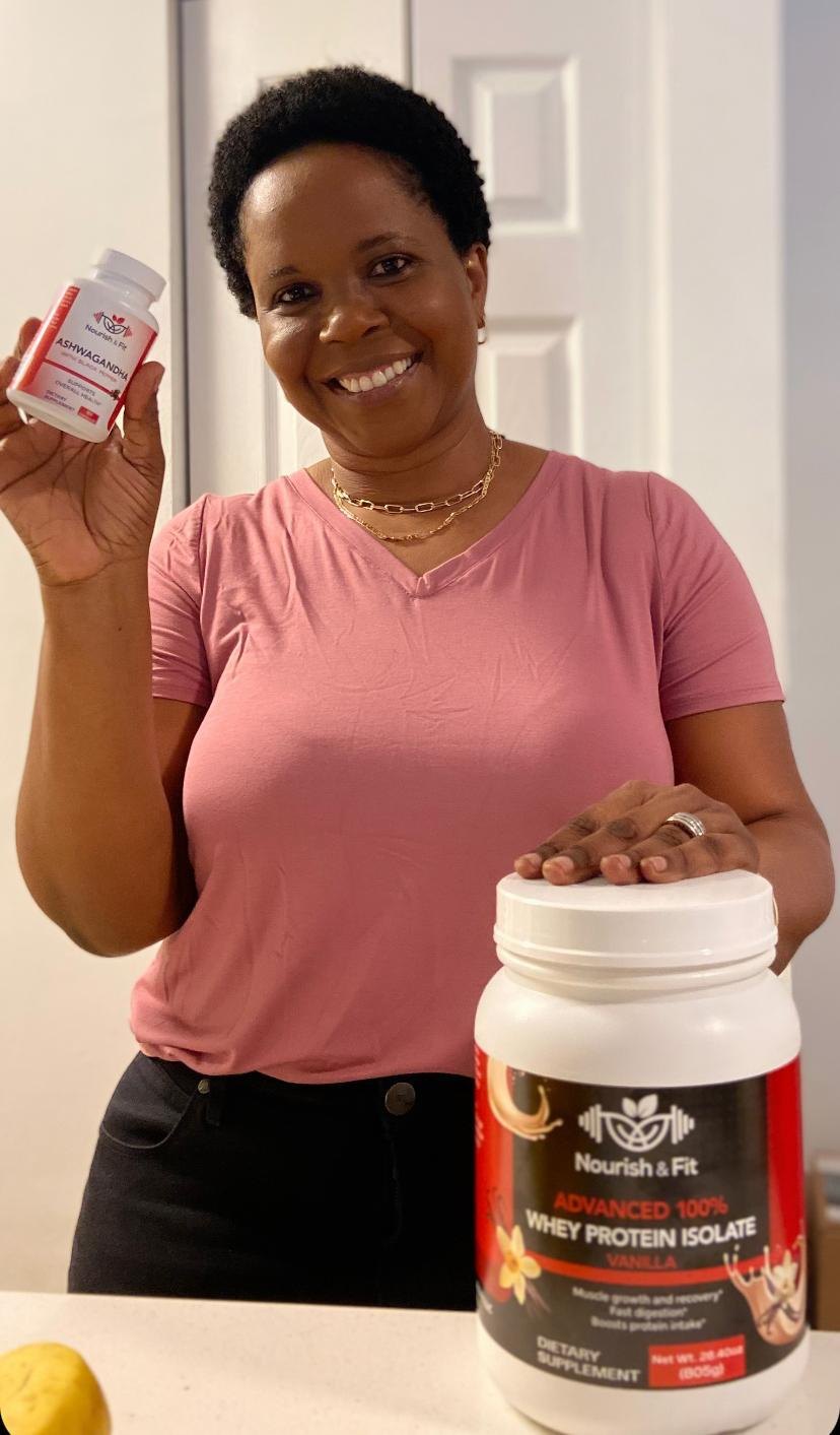 Woman holding Nourish & Fit Ashwagandha with Black Pepper and Whey Protein Isolate